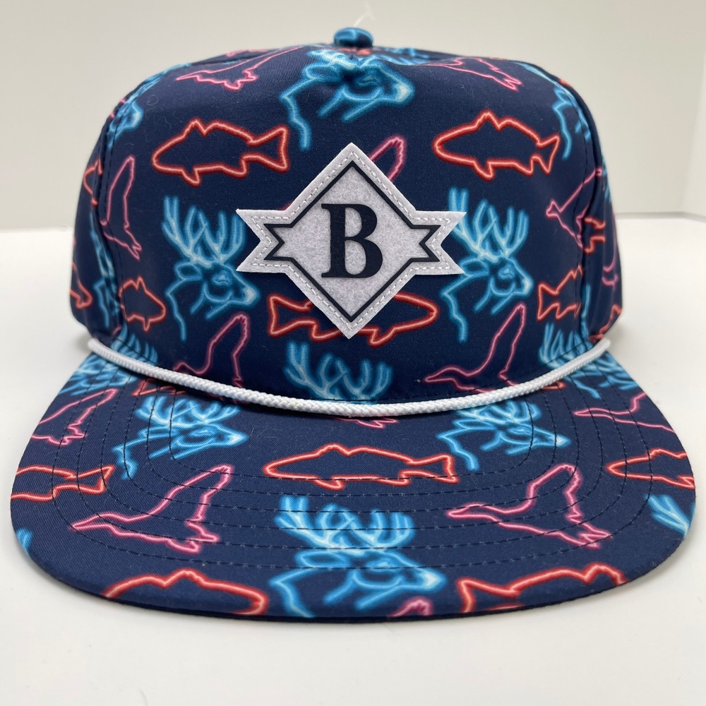 NWT BURLEBO Neon Wildlife Sign Rope Hat Navy Blue Snapback Deer Fish Duck Cap